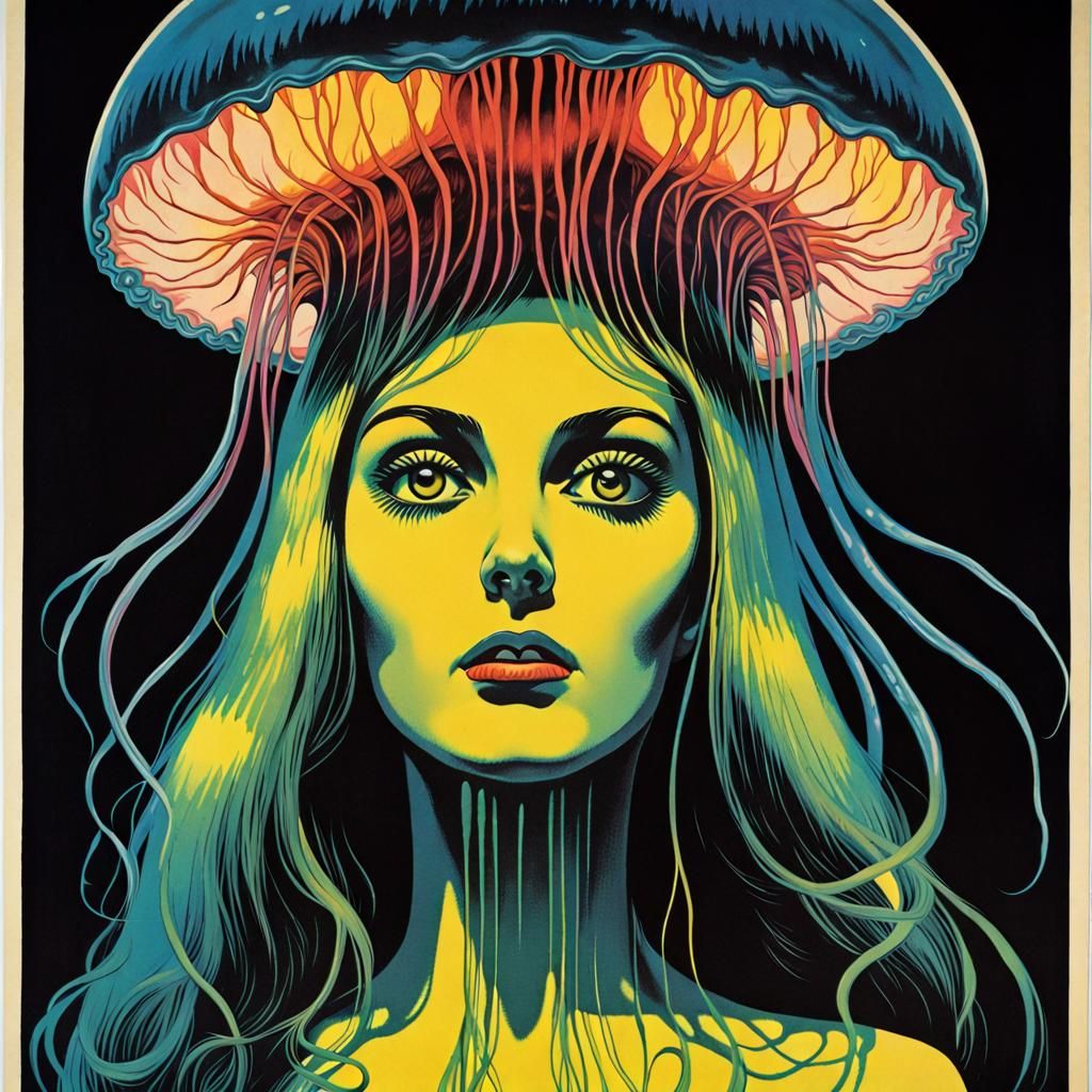 Bioluminescence; jellyfish goddess; Retro 1970s Italian horror movie poster; lurid; psychedelic; giallo