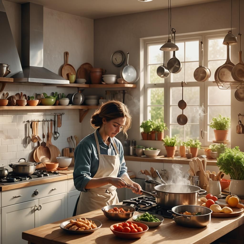 Woman Cooking Meal in Warm, Realistic Kitchen Scene