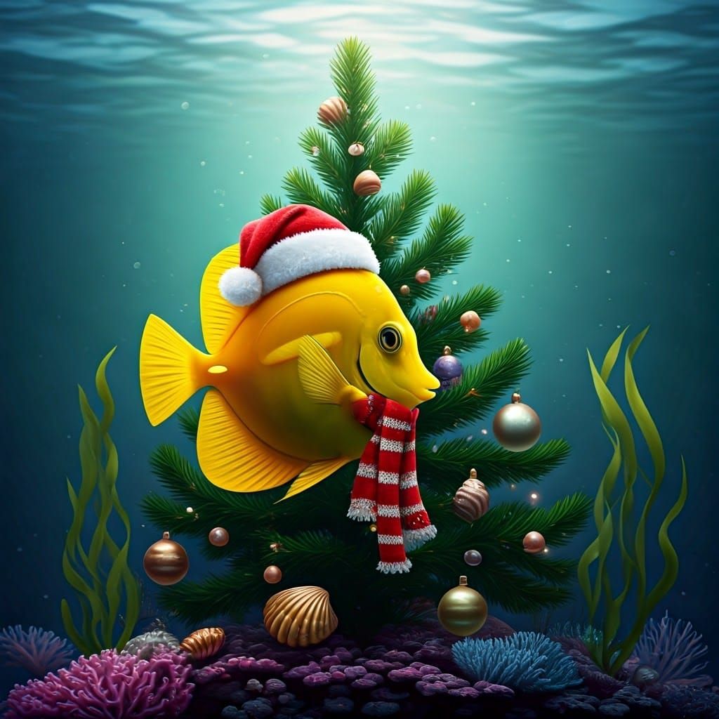 Festive Yellow Tangs Celebrate Underwater Christmas