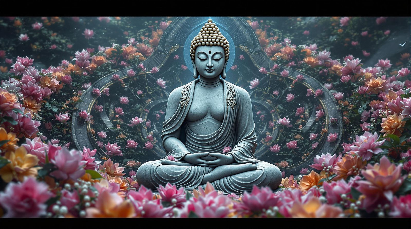 Majestic Stone Buddha Amidst Vibrant Floral Mandal