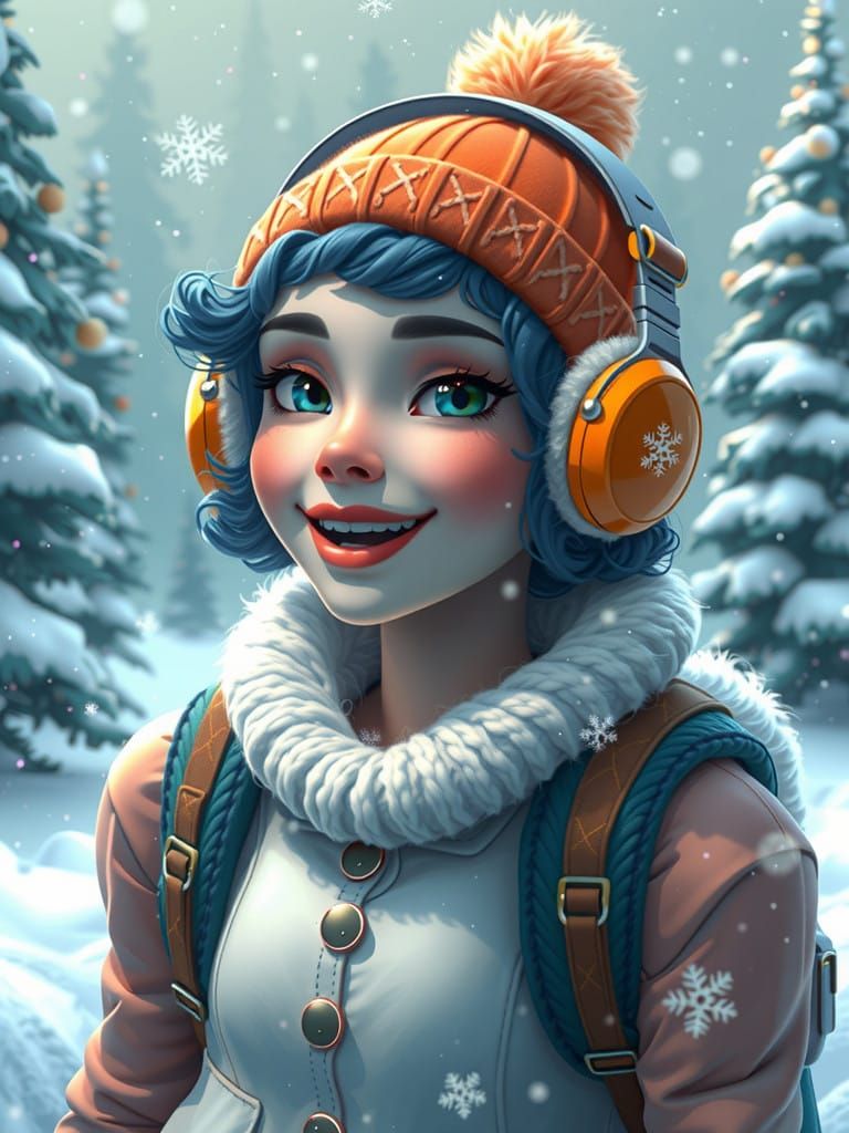 A cheerful cartoon girl in cozy orange headphones and an orange beanie. She has a friendly smile, pink cheeks and is wea...