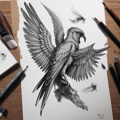 Detailed Ink Sketch of Feathered Wings