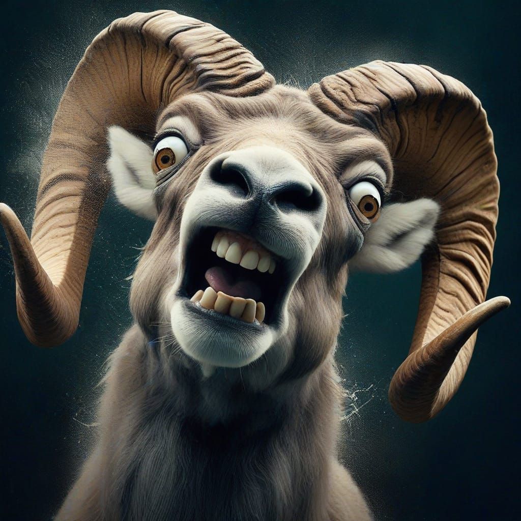 Comical Bighorn Ram Portrait in Absurdist Style
