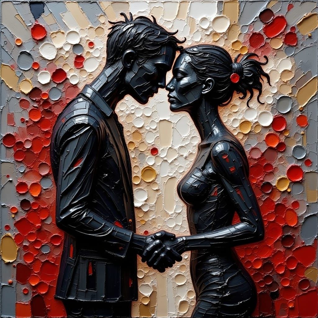 Impasto Portrait of Embracing Couple in Acrylics