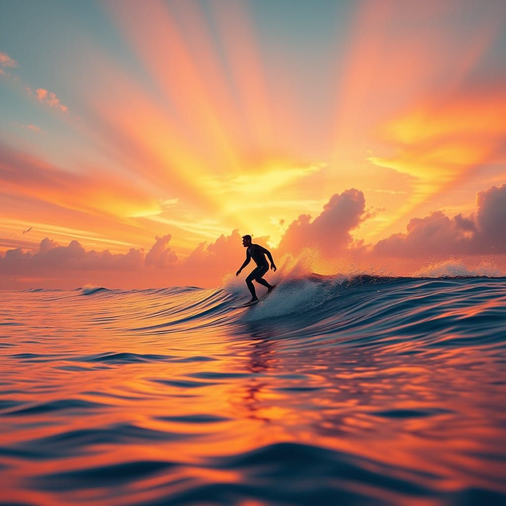 Surreal Sunset Surfer Rides Majestic Wave in Vibrant Colors