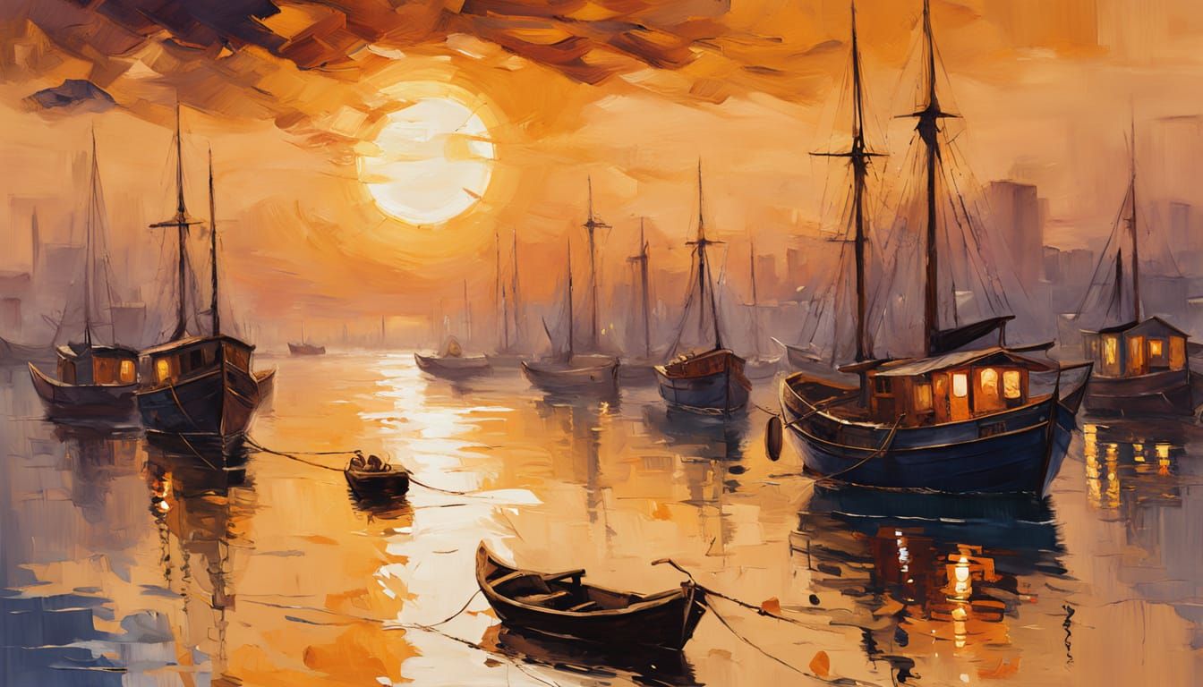 Vibrant Harbor Scene in Abstract Expressionist Style