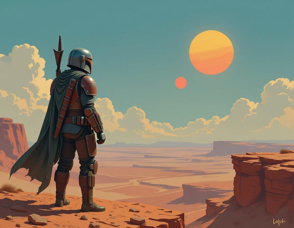 Mandalorian Overlooking Tatooine's Twin Suns