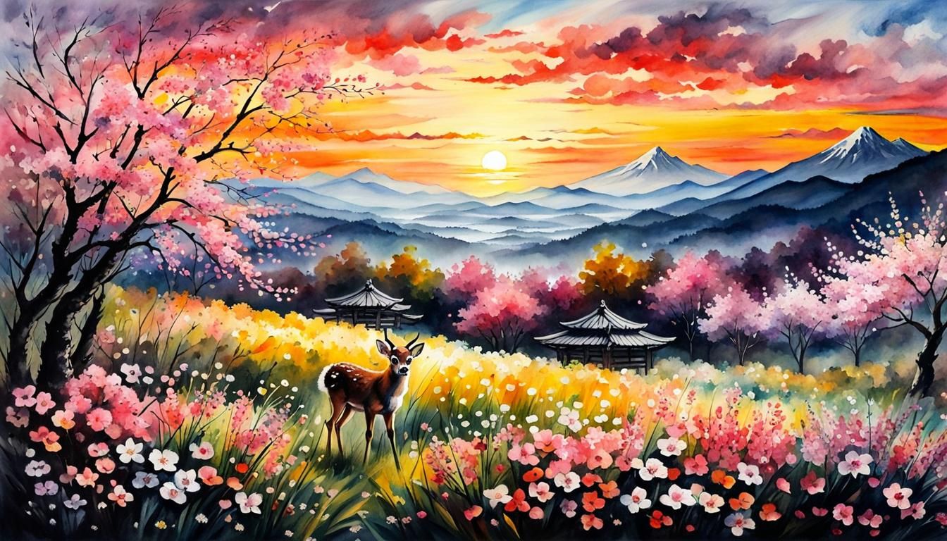 Doe in Floral Field: Sumi-e Watercolor Art