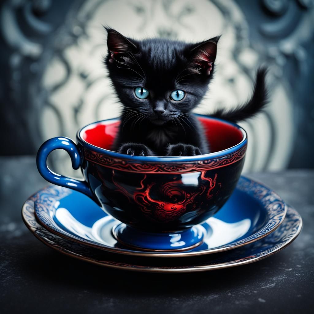 Demonic Kitten in Teacup, Biomechanical Art