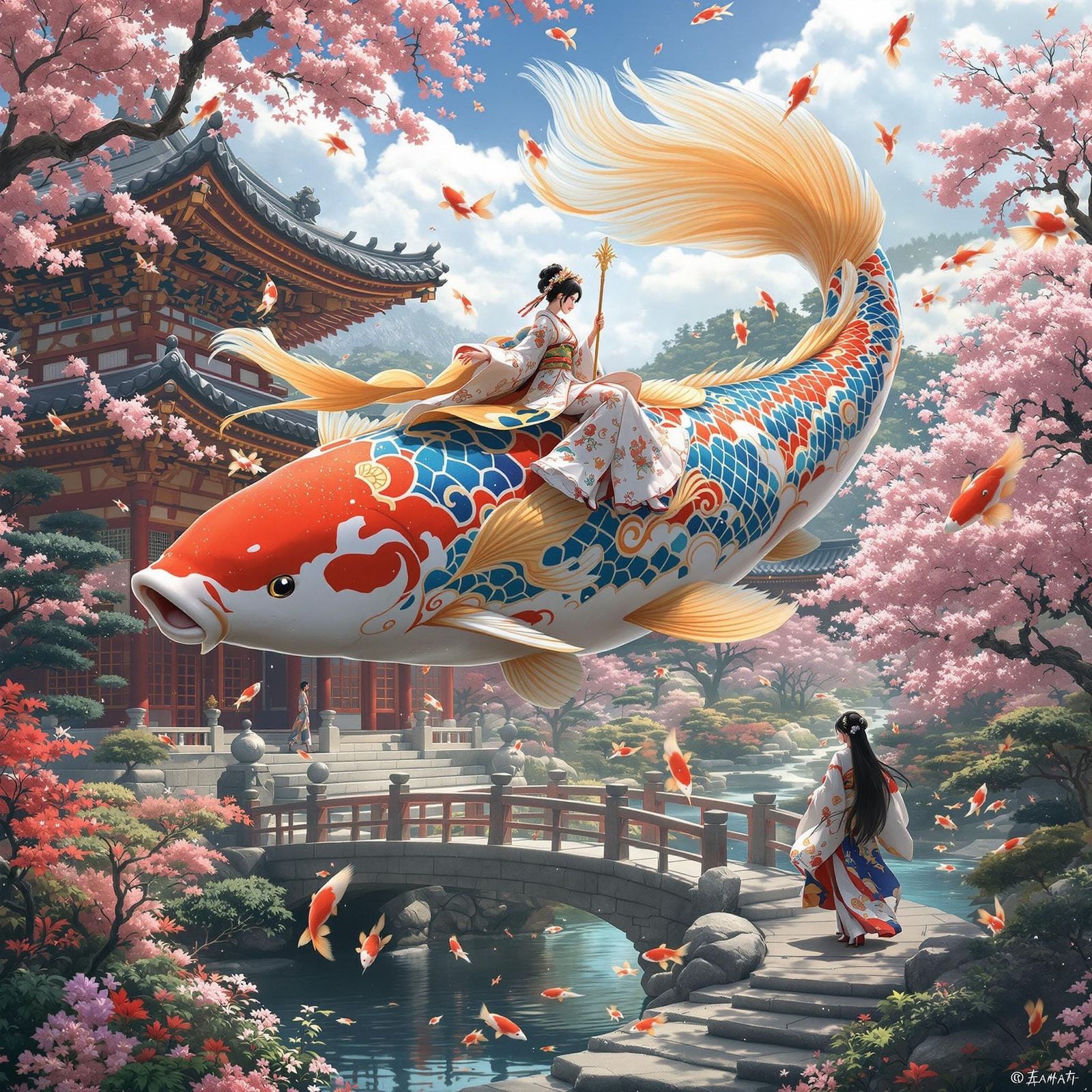 Geisha Riding Majestic Koi Fish in Dreamlike Japanese Garden