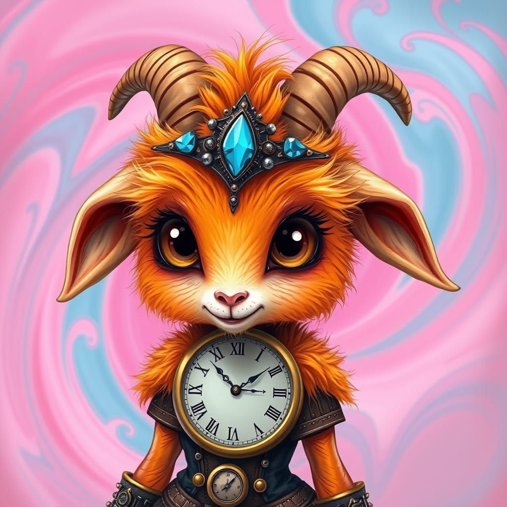 Whimsical Steampunk Goat Maiden in Vibrant Fantasy Landscape...