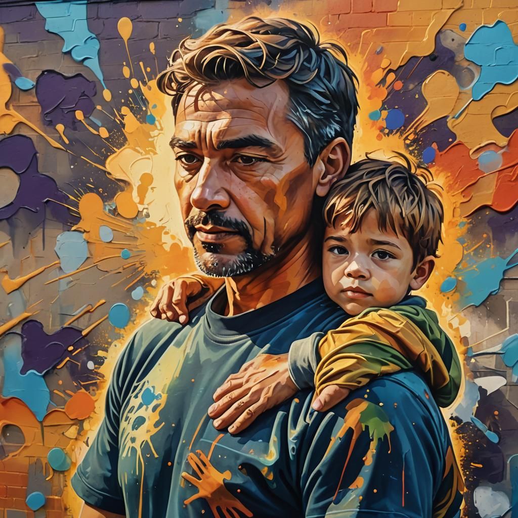 Street Art Portrait: Father's Hands on Son
