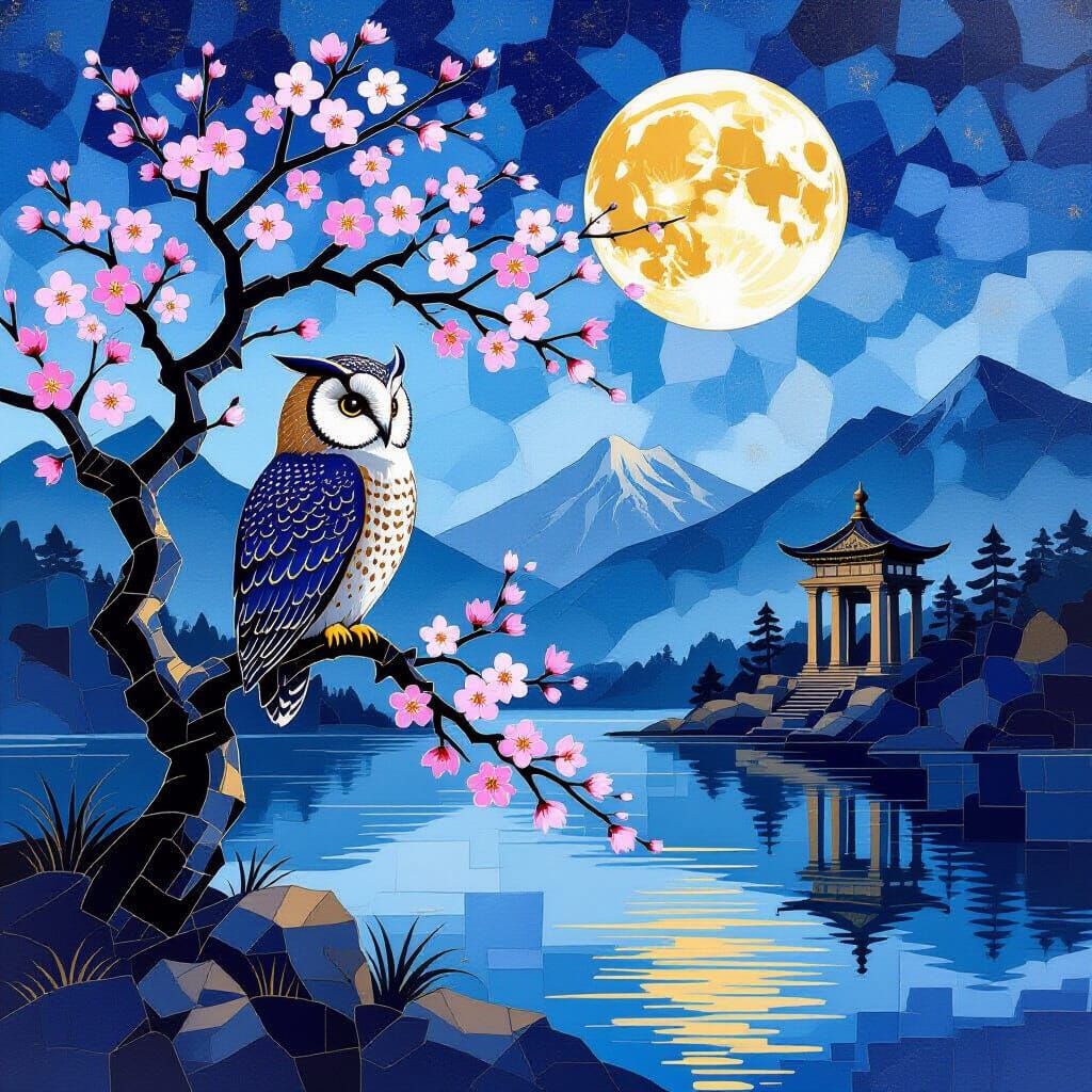Sumi-e Owl on Sakura Tree Near Roman Temple