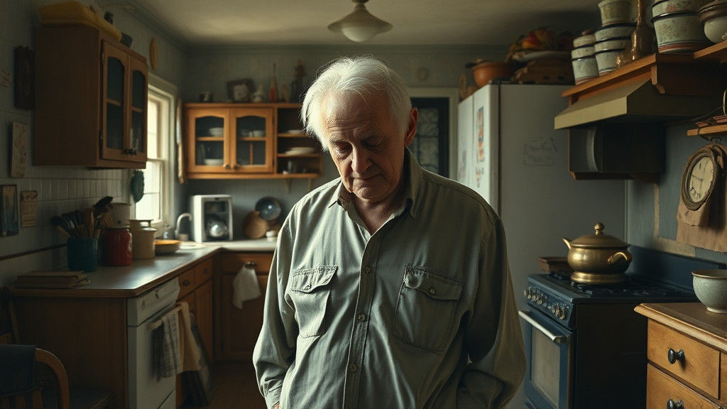 Elderly Man's Grief in Kitchen, Emotional Portrait