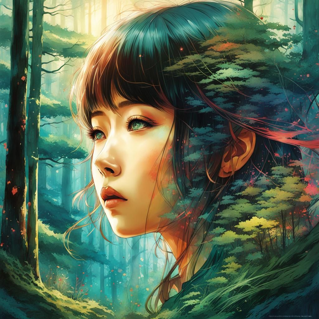 Asian Anime Girl with Forest Hair, Double Exposure Art