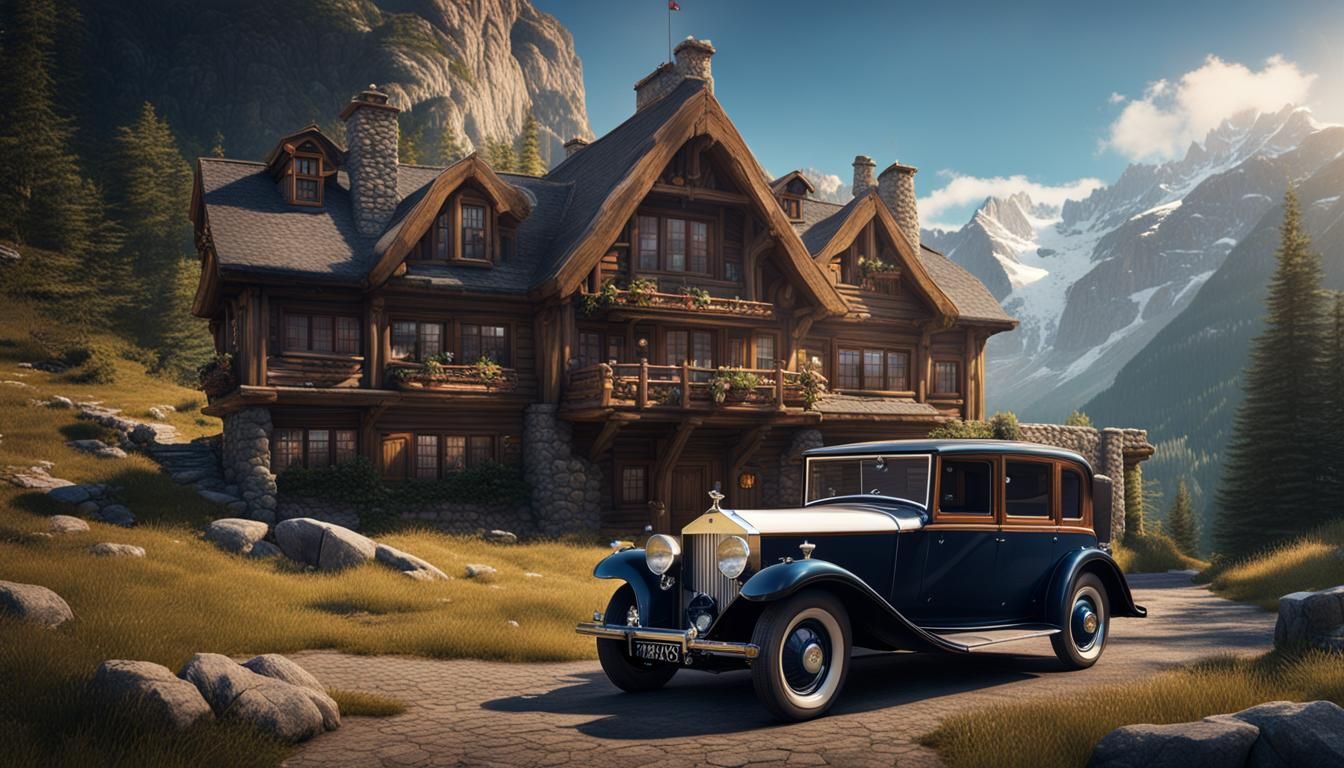 Rustic Mountain Lodge with 1932 Rolls-Royce, Detailed Painti...