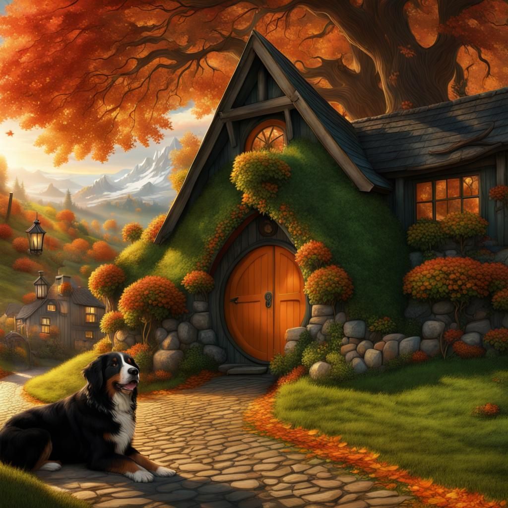 Autumn in the Shire with Bernese Mountain Dog