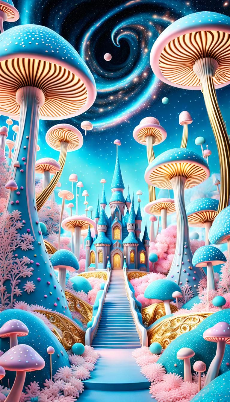 Pale blue pastel surreal adorable little alien creatures and candy palace.