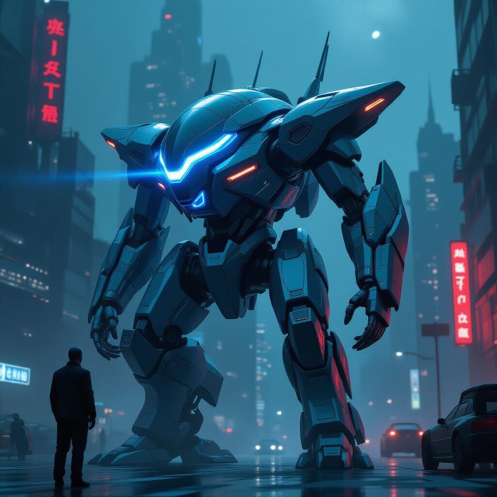 Futuristic Dragon Mech in Dystopian Cityscape