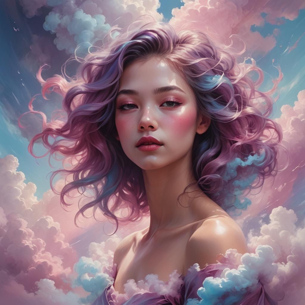 Ethereal Cloud Woman Portrait in Art Nouveau Style