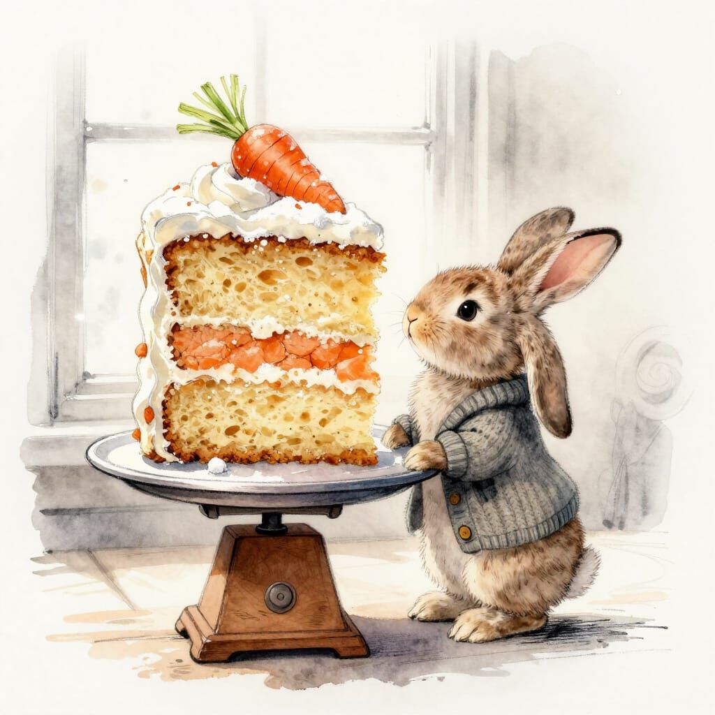 Rabbit Admires Towering Carrot Cake in Watercolor Style