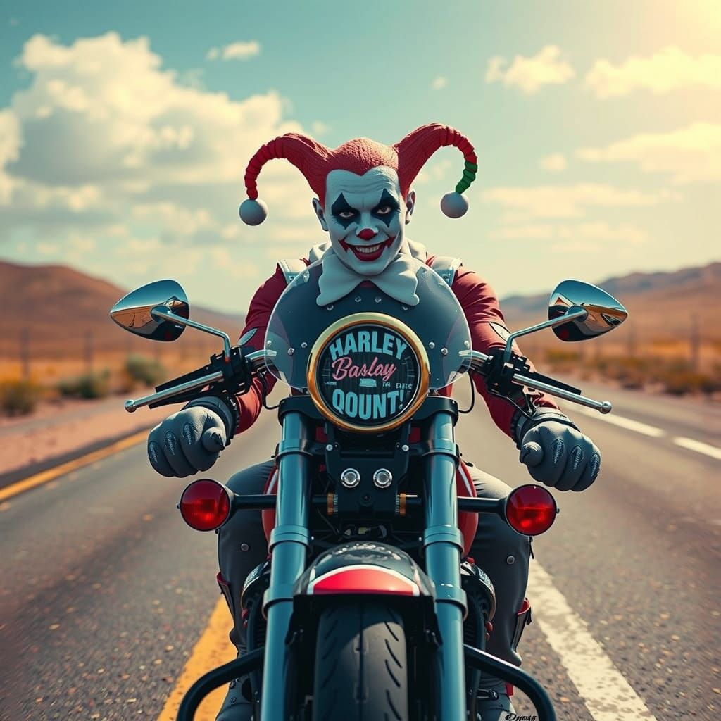 Male Harley Quinn Rides Motorcycle on Endless Road