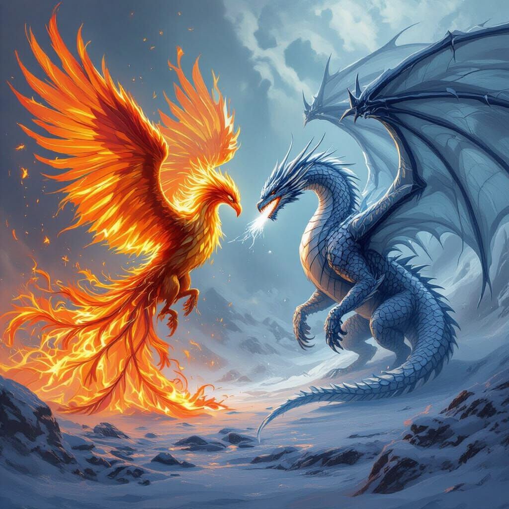 Phoenix vs Ice Dragon: Fiery Battle in High Fantasy