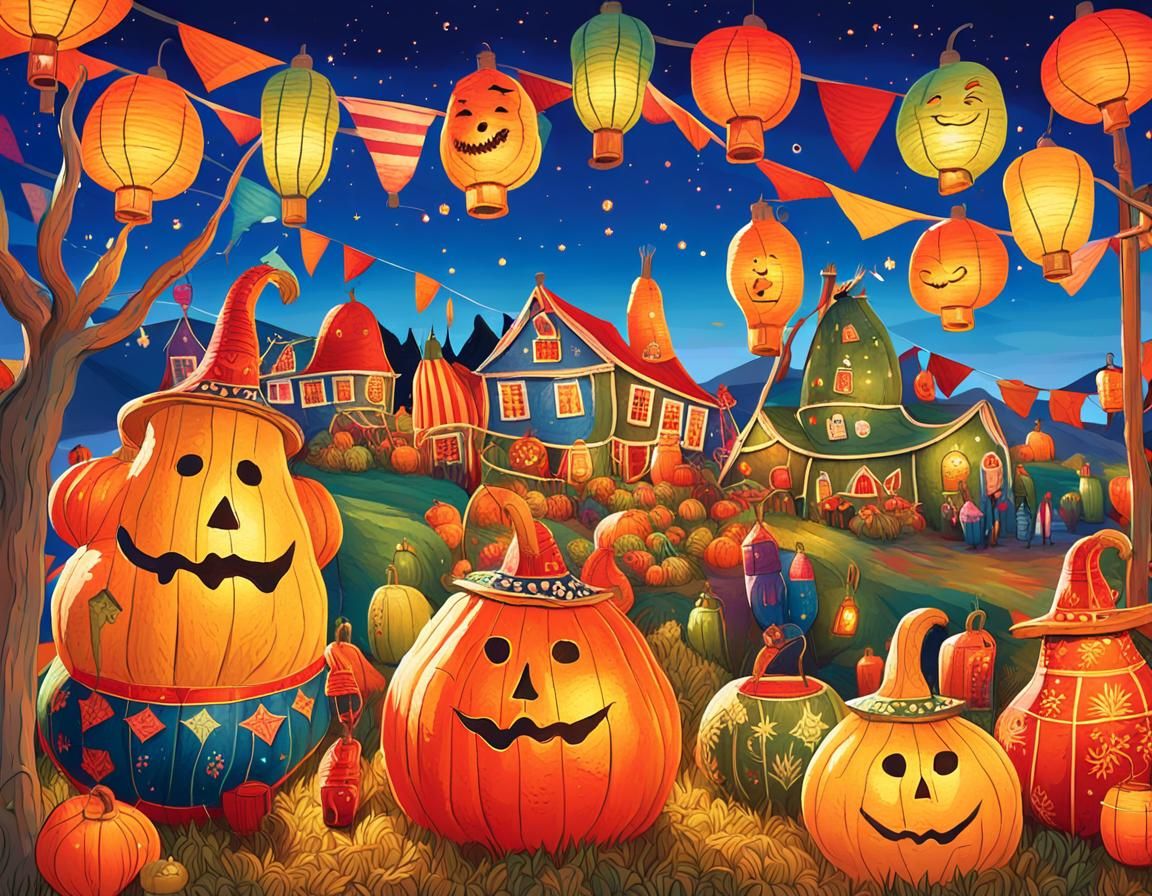 Gourd Characters Celebrate Harvest: Whimsical Digital Art