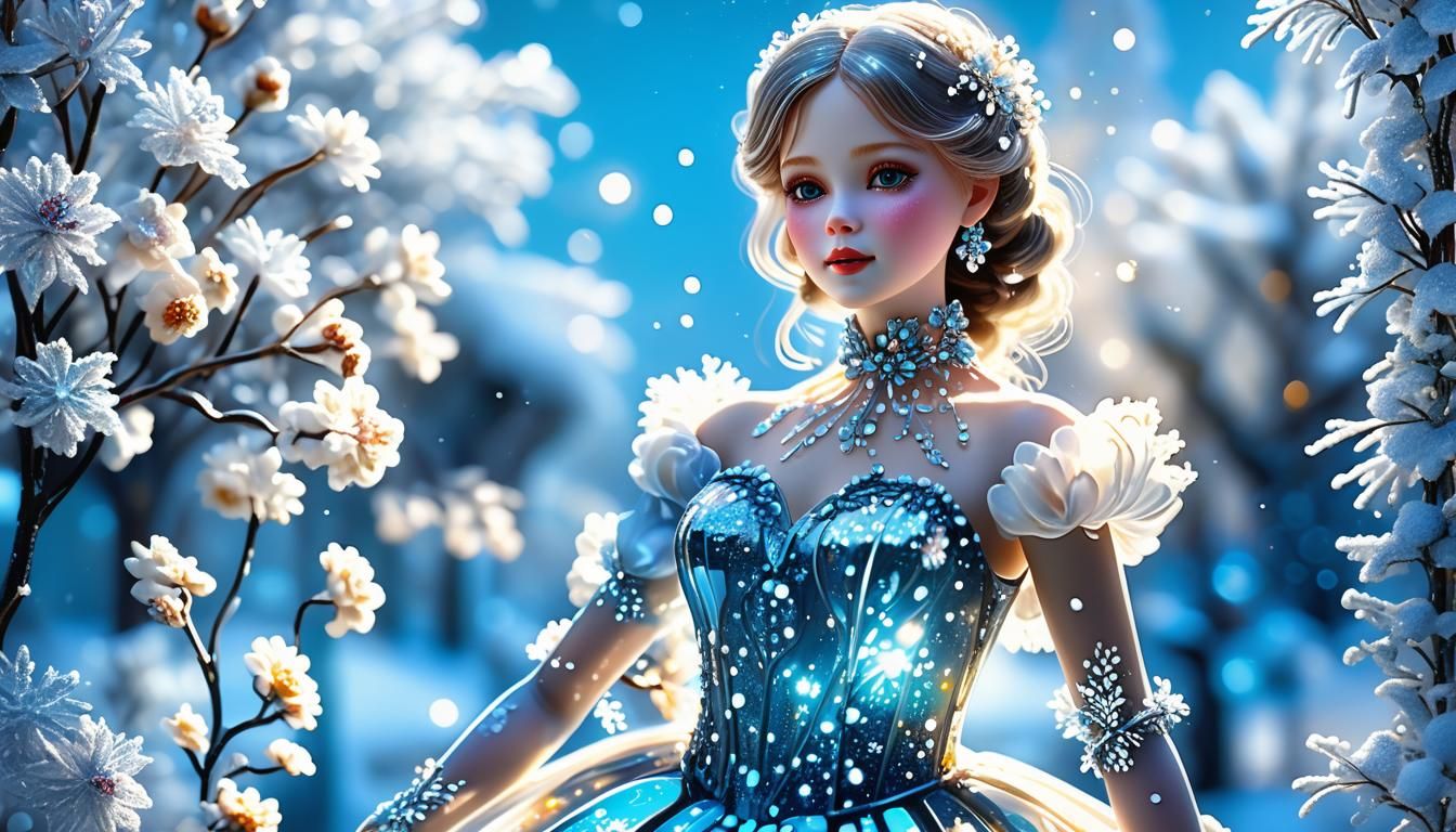 Glass Porcelain Doll in Glittering Snow, Leyendecker Style