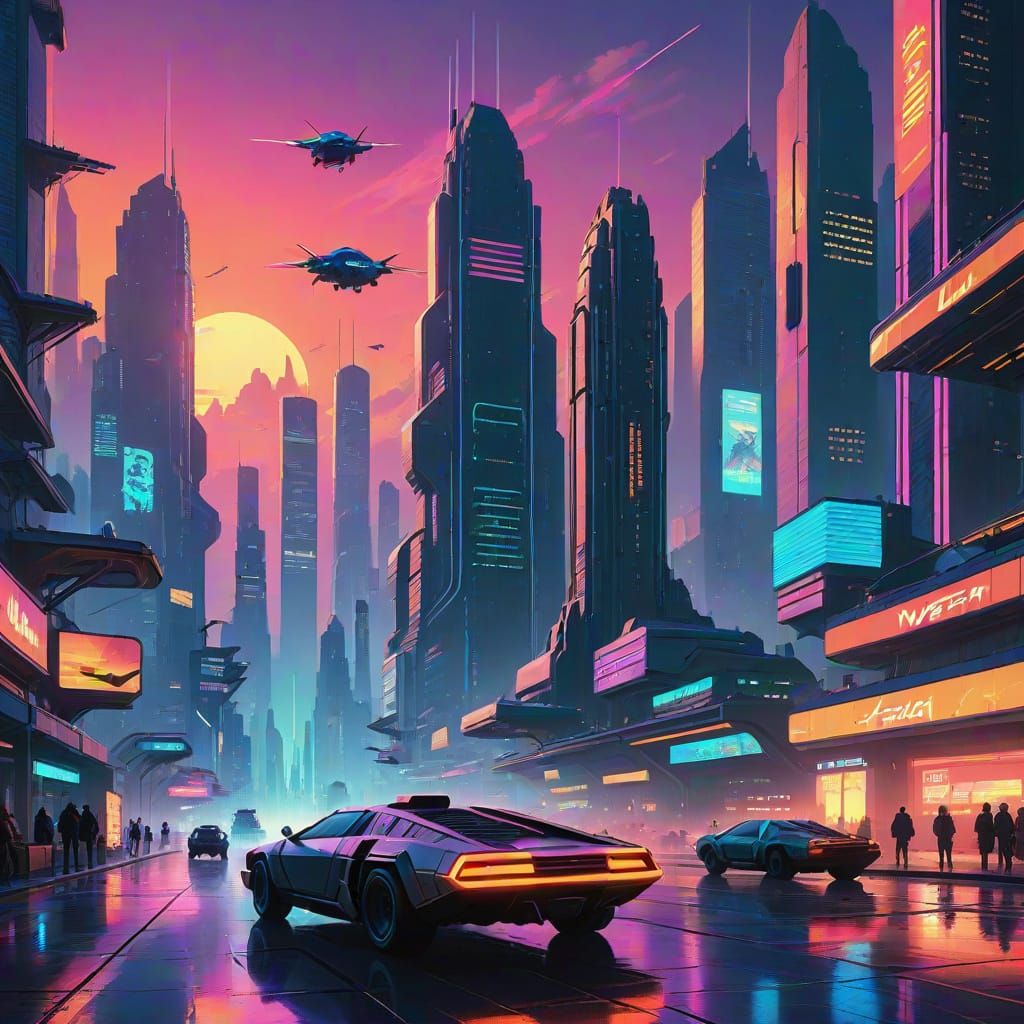 Synthwave Cityscape with Flying Vehicles at Dusk
