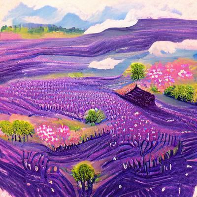 Gouache Painting of Purple Flowering Fields