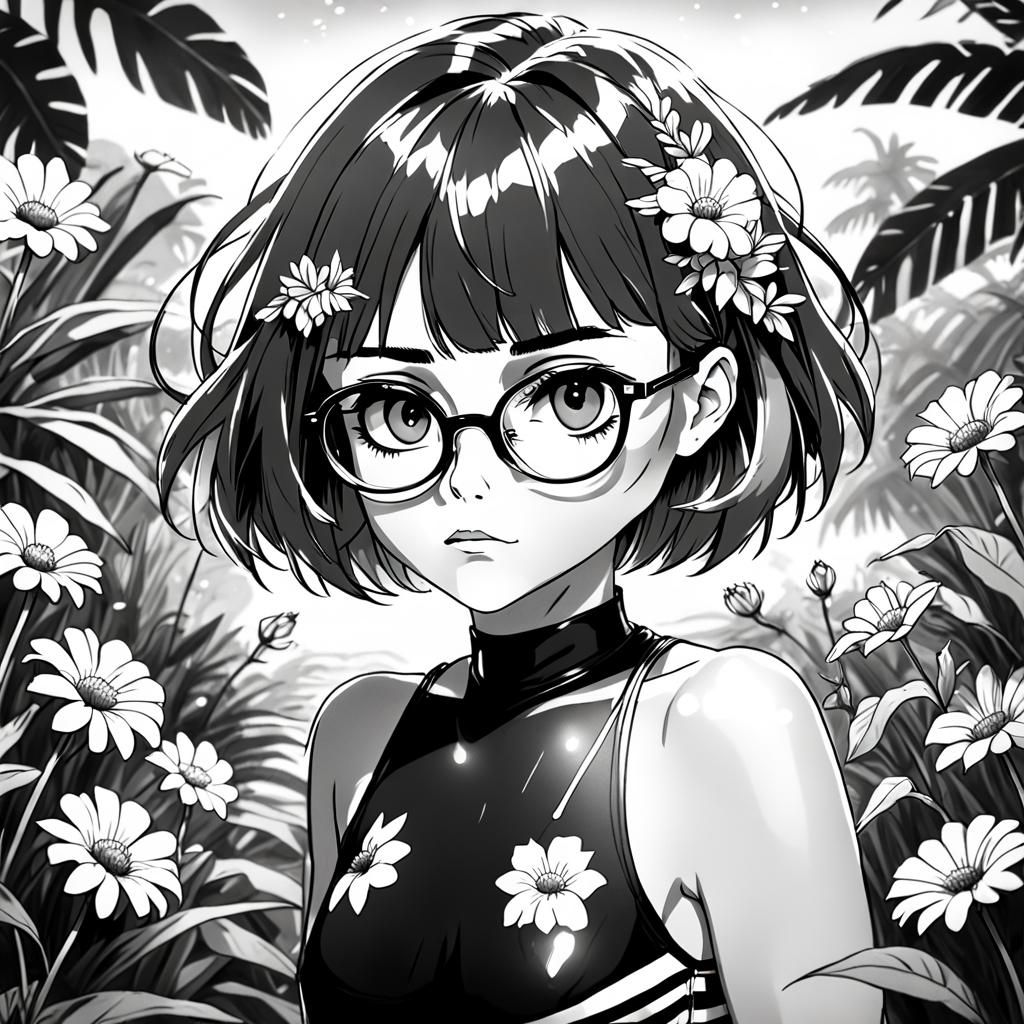 80s Anime Style Woman in Black and White