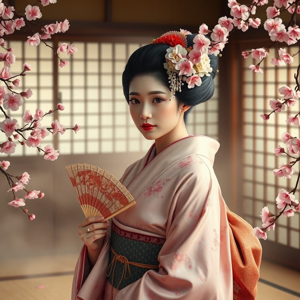 Geisha in Cherry Blossoms: Photorealistic Japanese Art