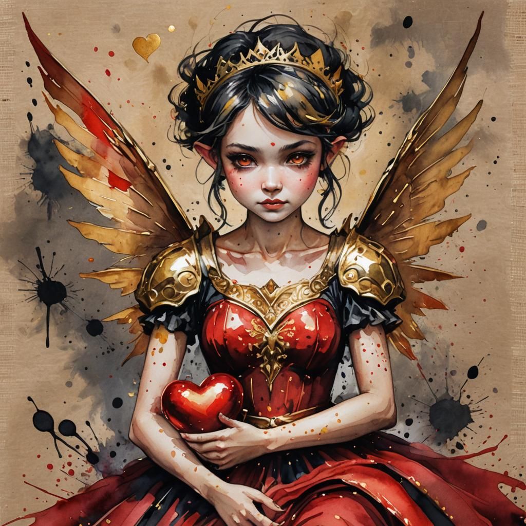 Close up watercolor painting, strong smirk expression, pale red shimmering dress,...