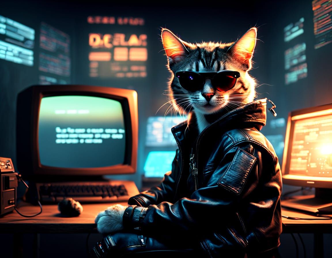 Gen X Cat Hacker in 90s Cyberpunk Style