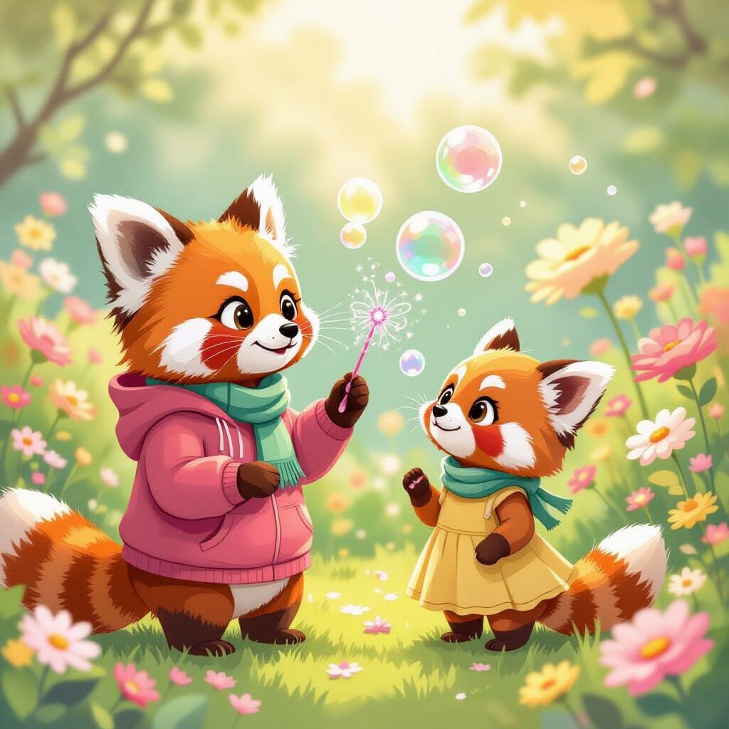 Red Pandas Play in Pastel Garden, Watercolor Style