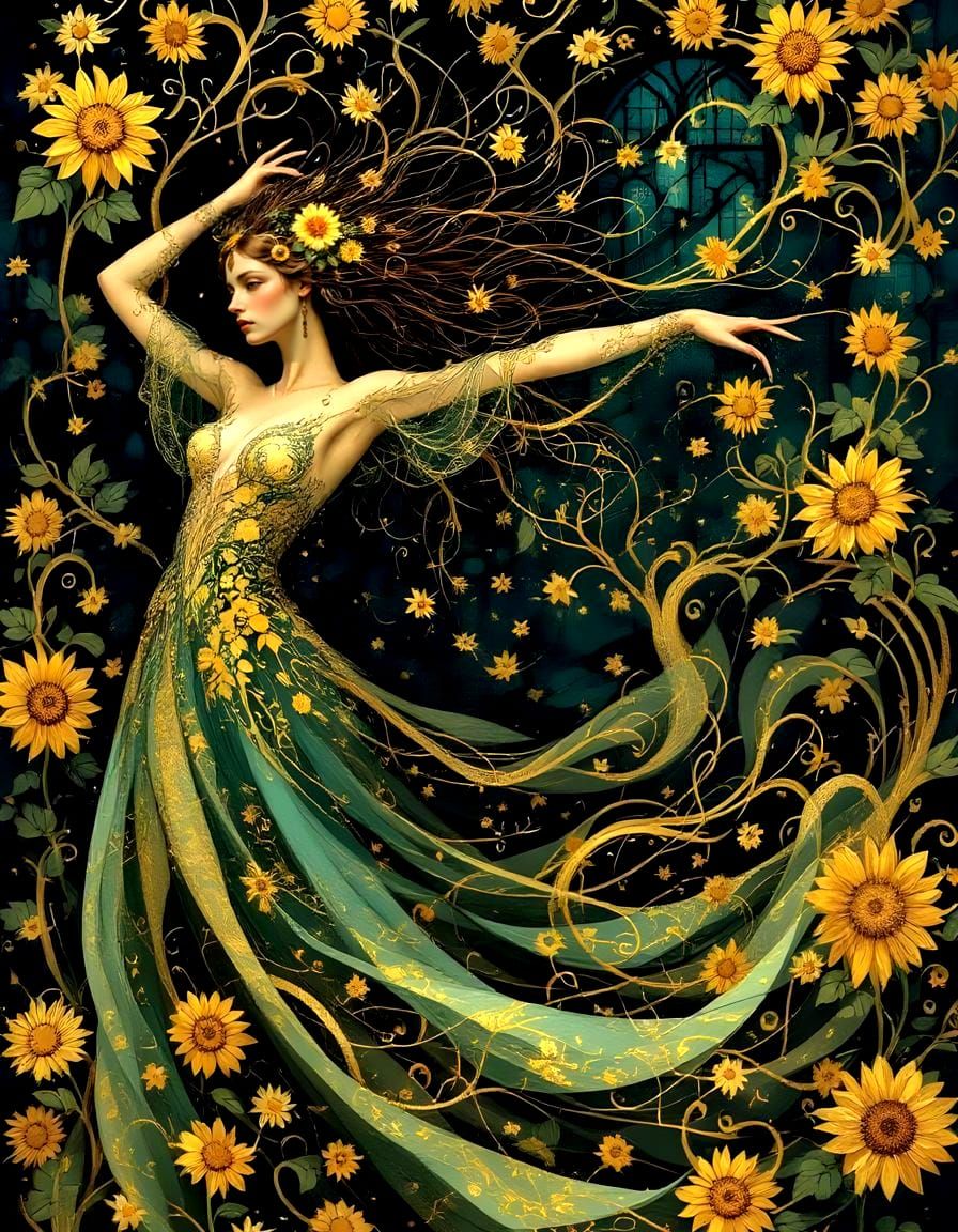 Melancholic Dancer in Klimt-Inspired Art Nouveau Gown