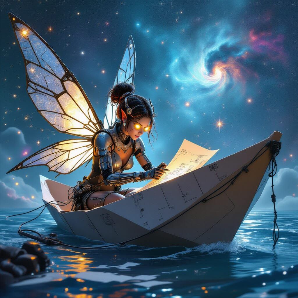 Cyberpunk Mechanic Fairy Repairs Paper Boat in Space