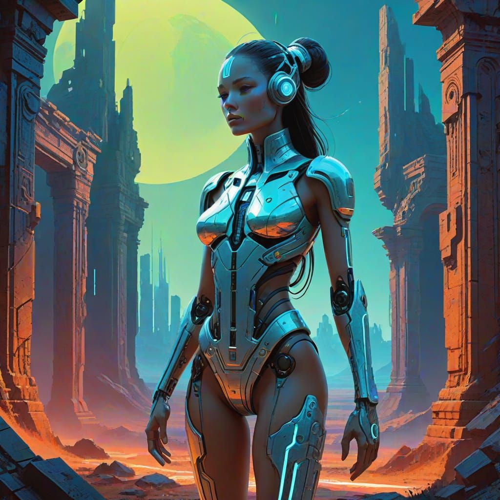 Cyborg Woman in Neon-Lit Ancient Ruins