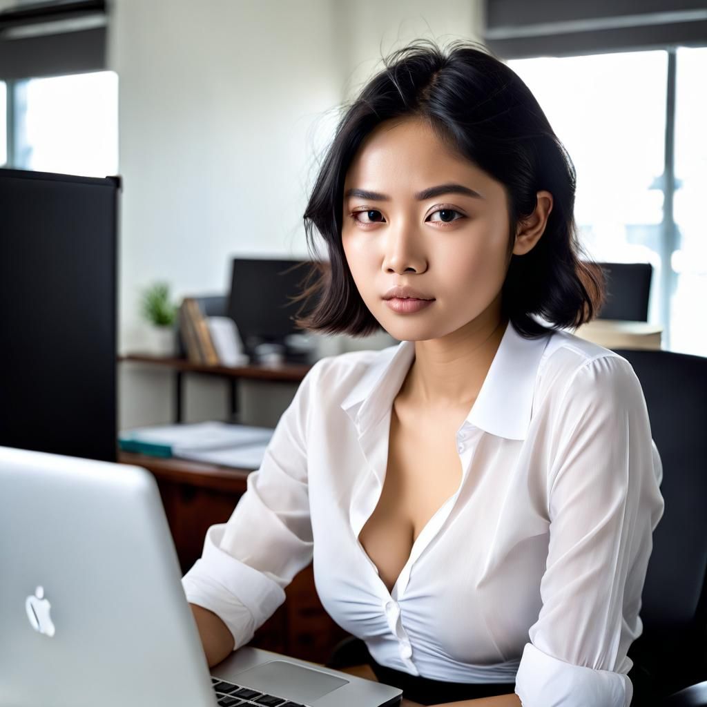 Indonesian Woman Working at Desk in Office