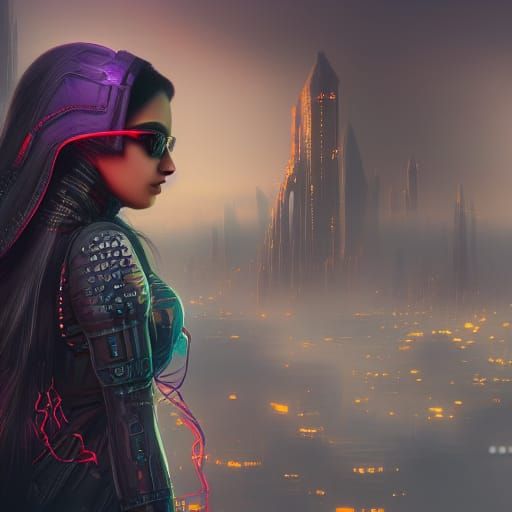 Cyberpunk Arab Girl: Detailed Matte Painting