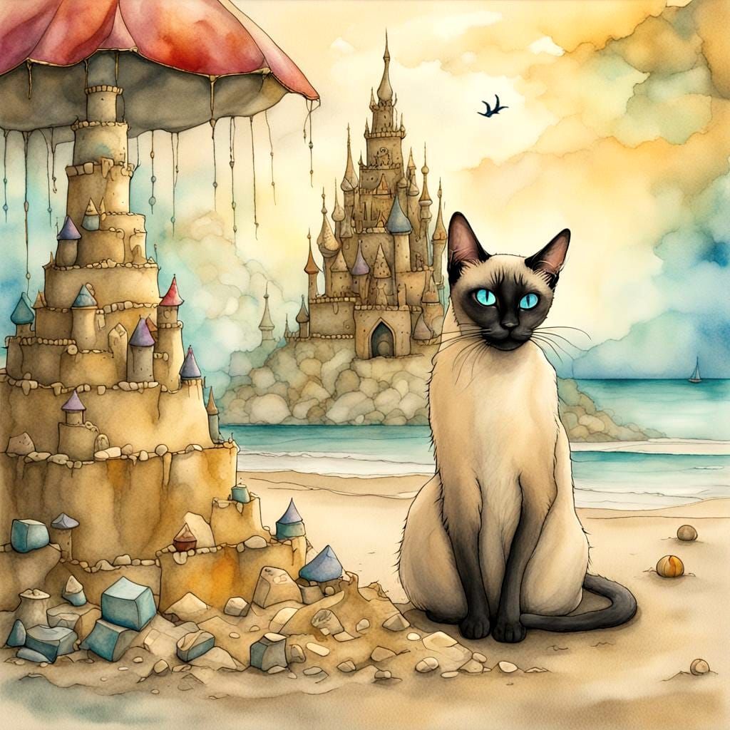 a Siamese cat and sand castles