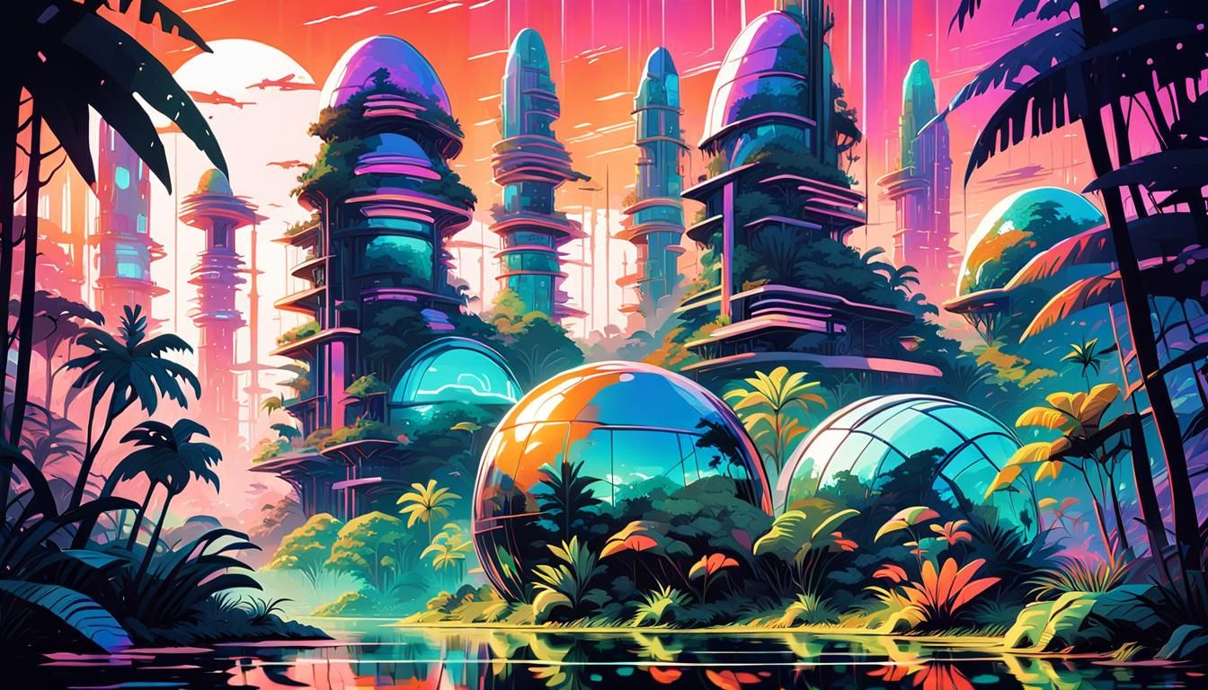 Sci-Fi Jungle City with Iridescent Towers