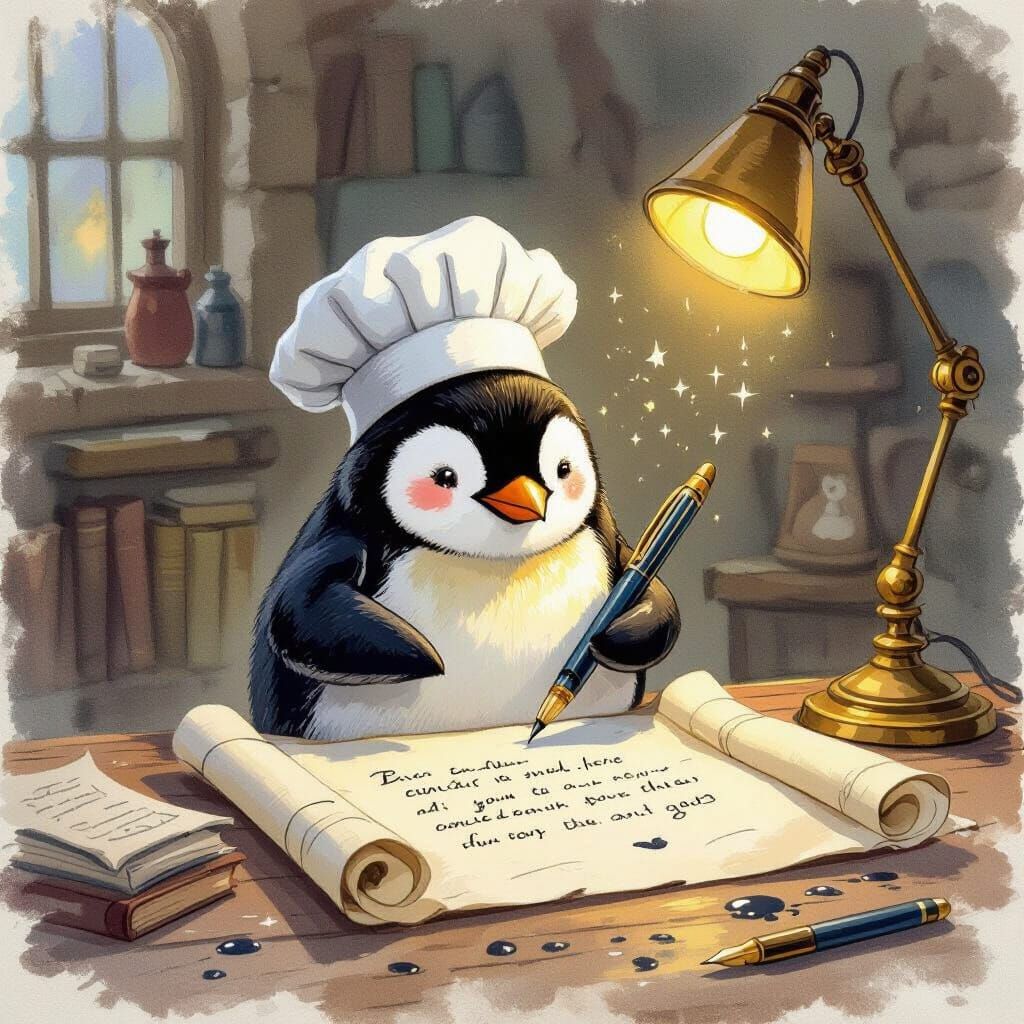 Whimsical Penguin Author in Cozy Study