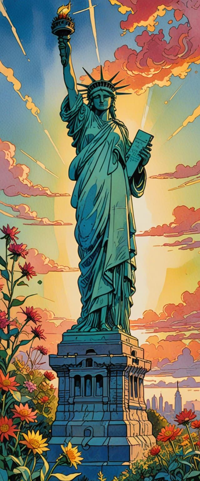 Statue of Liberty in Early Morning Sunlight, Watercolor Styl...