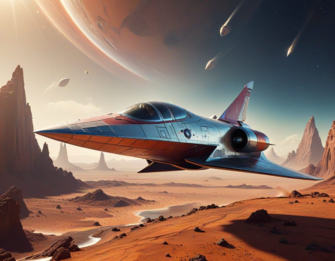 Retro Rocketship Flies Over Mars in Sci-Fi Art