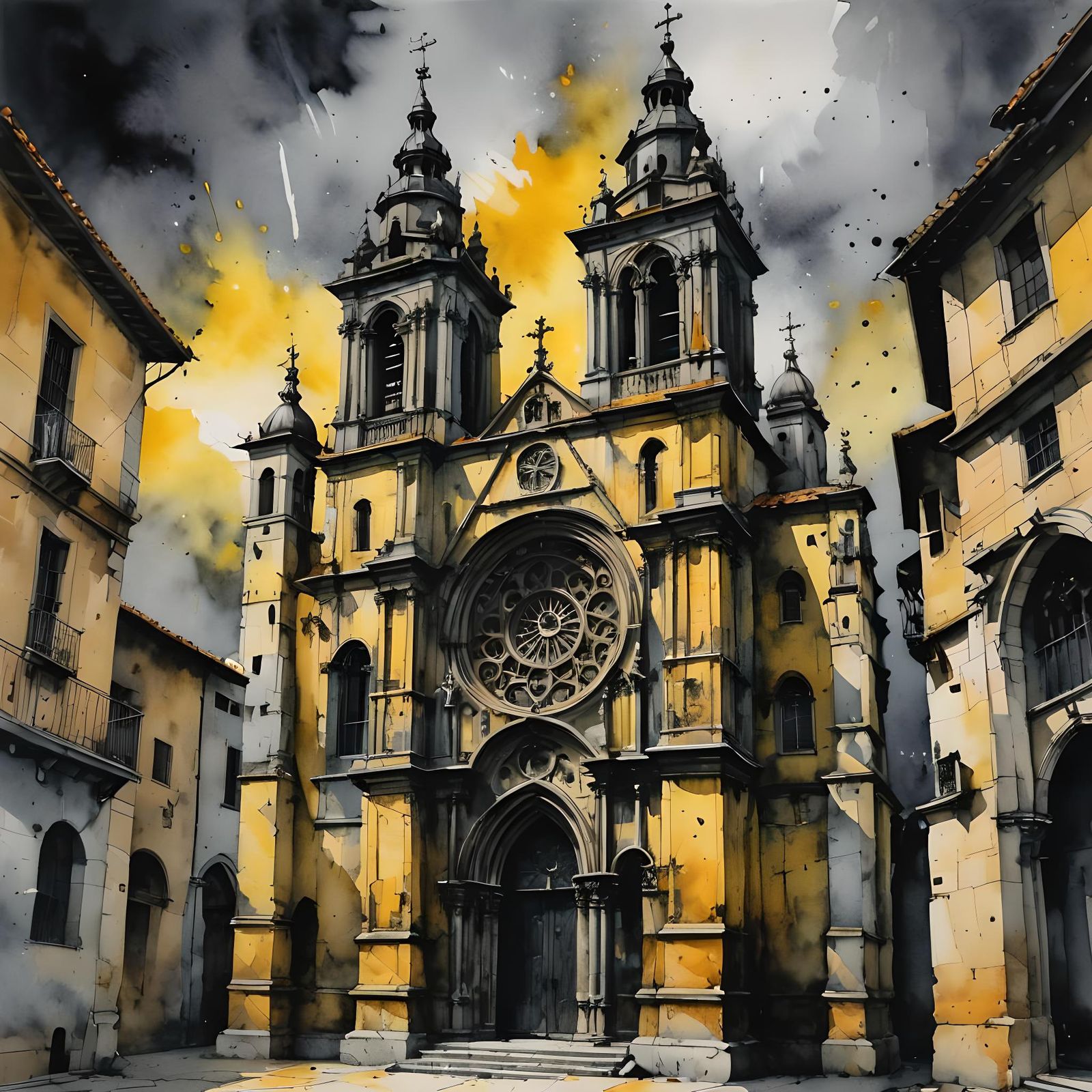 Ancient Church in Oviedo, Spain: Watercolor Abstract