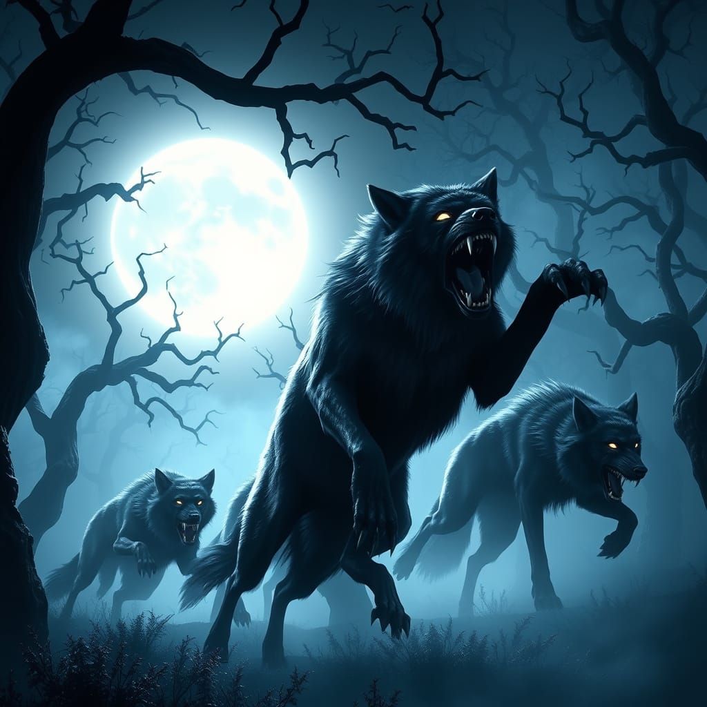 Evil Wolves Attack in Foggy Haunted Forest Under Full Moon