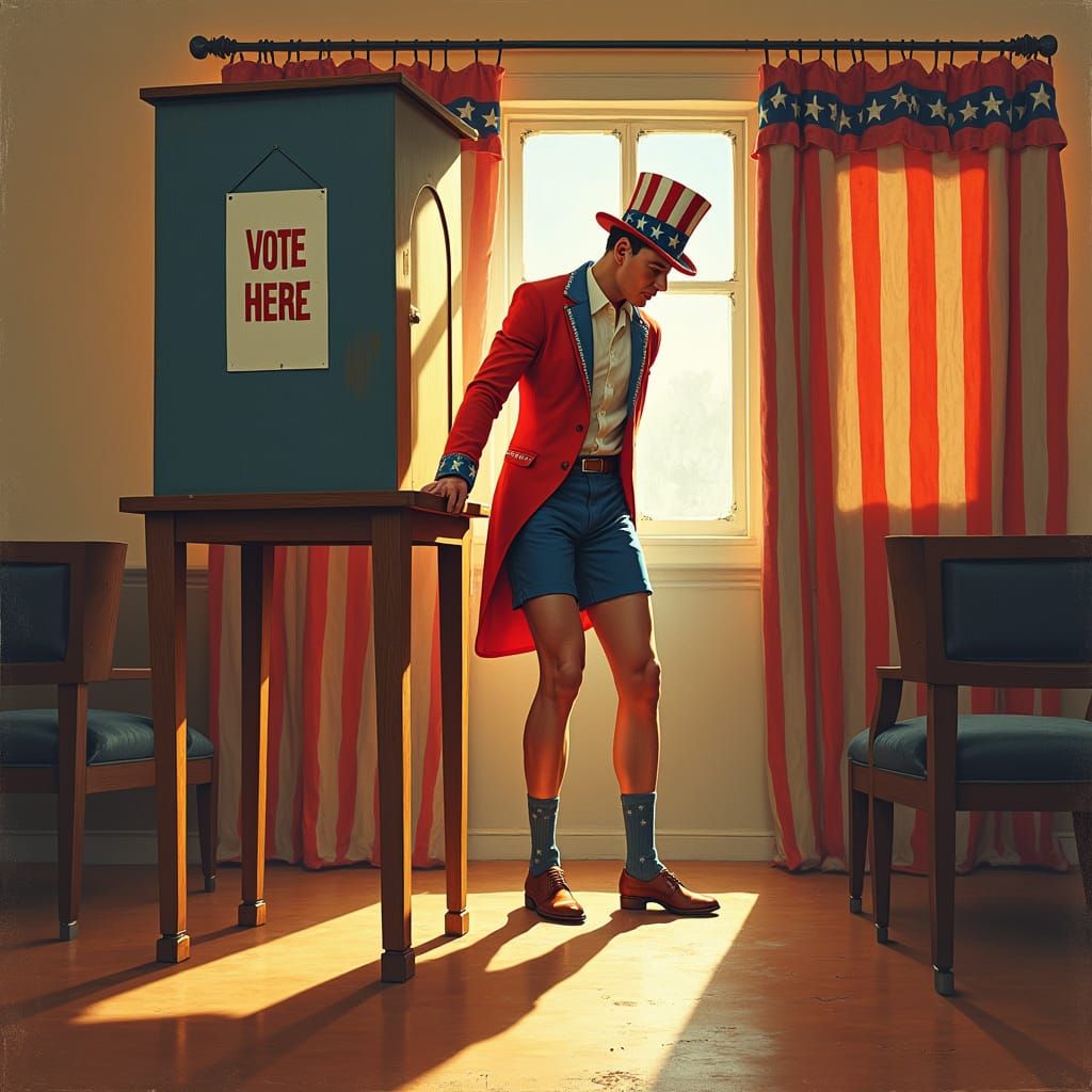 Patriotic Citizen Voting in Vintage Booth