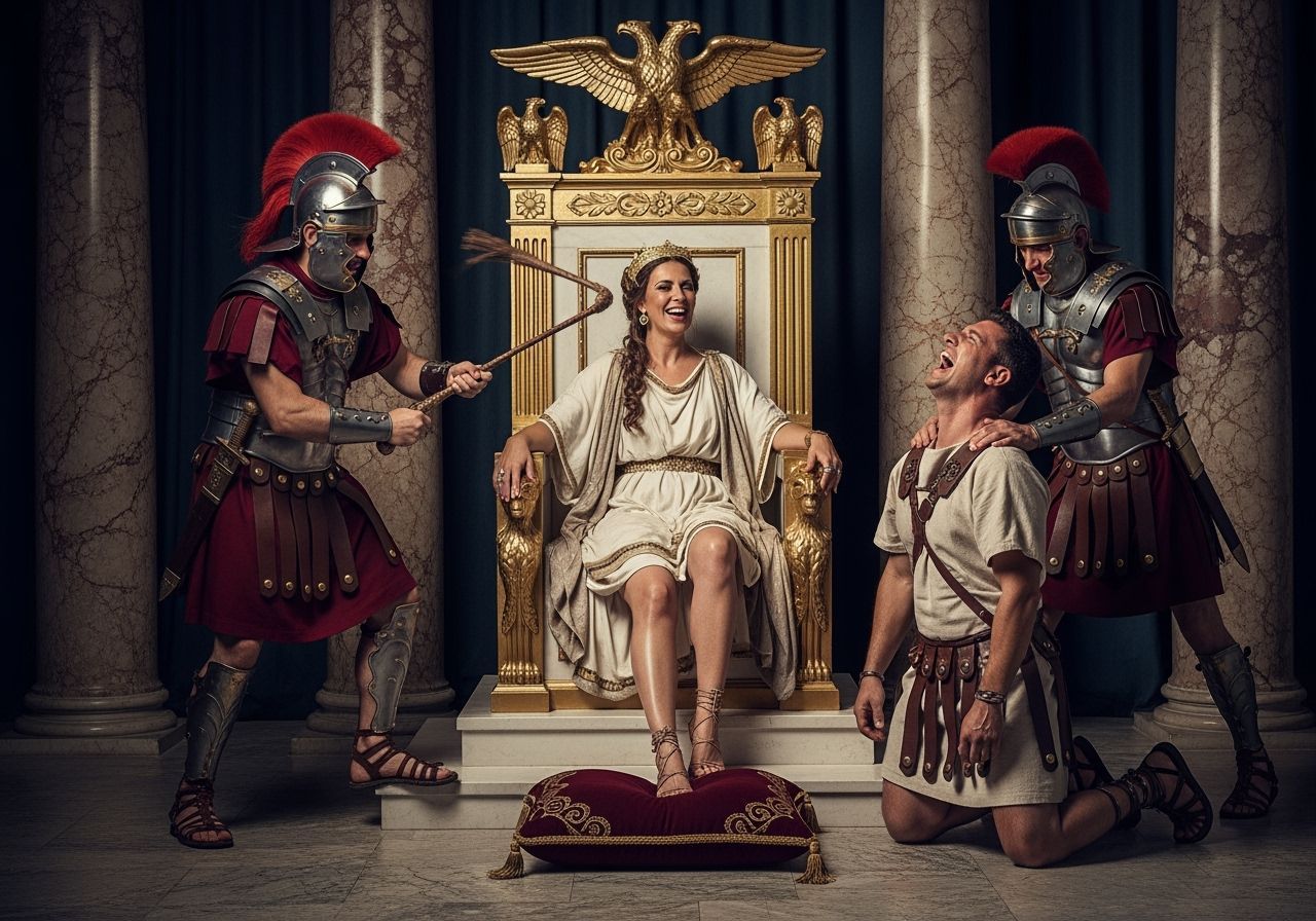 Empress Messalina Whips a Prisoner in Opulent Throne Room